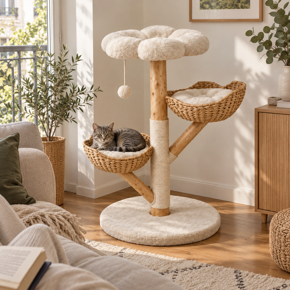 Canopée dans un salon habité, avec un chat au repos dans le panier inférieur.
