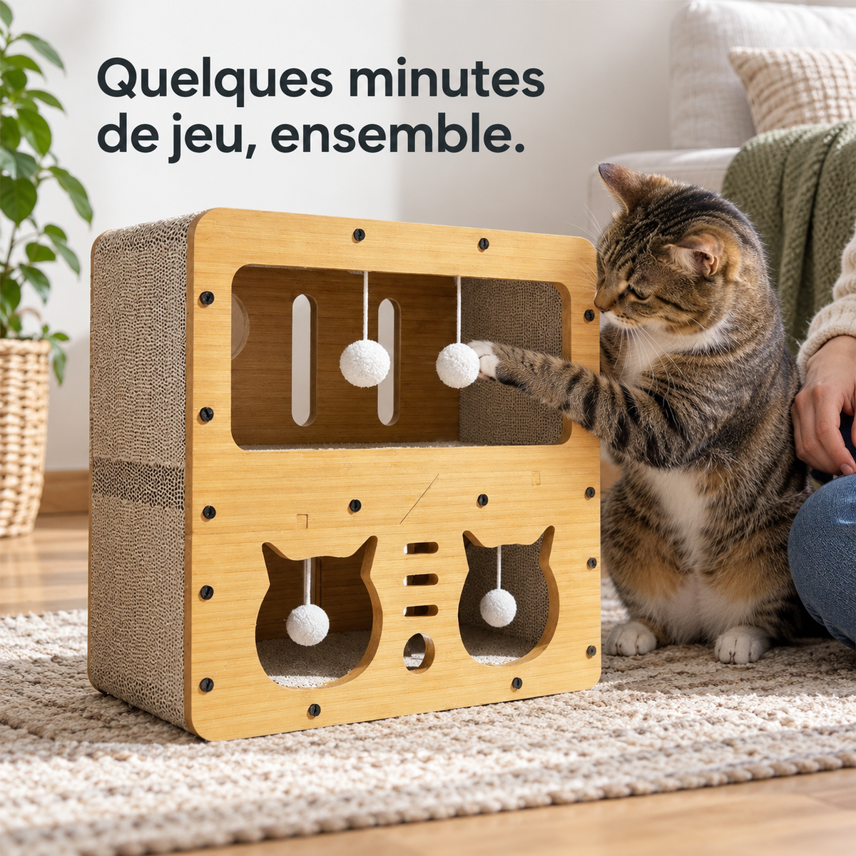 Ludique : Cabane de jeu et griffoir. Exemple d’installation