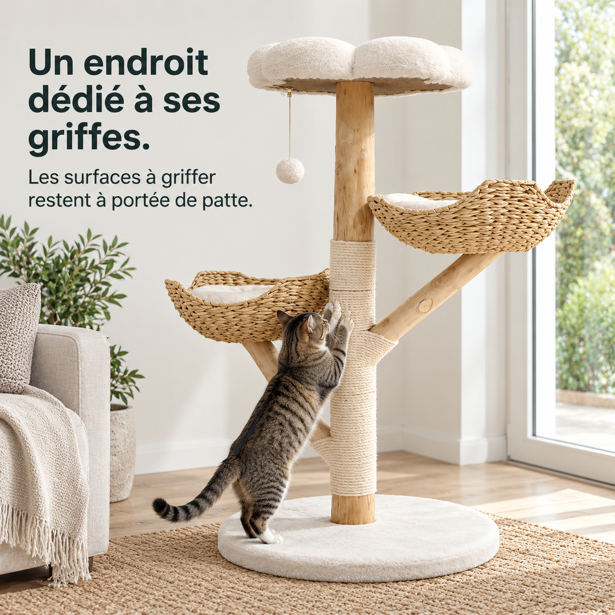 Canopée : Arbre à chat avec paniers et plateforme fleur. Exemple d’installation