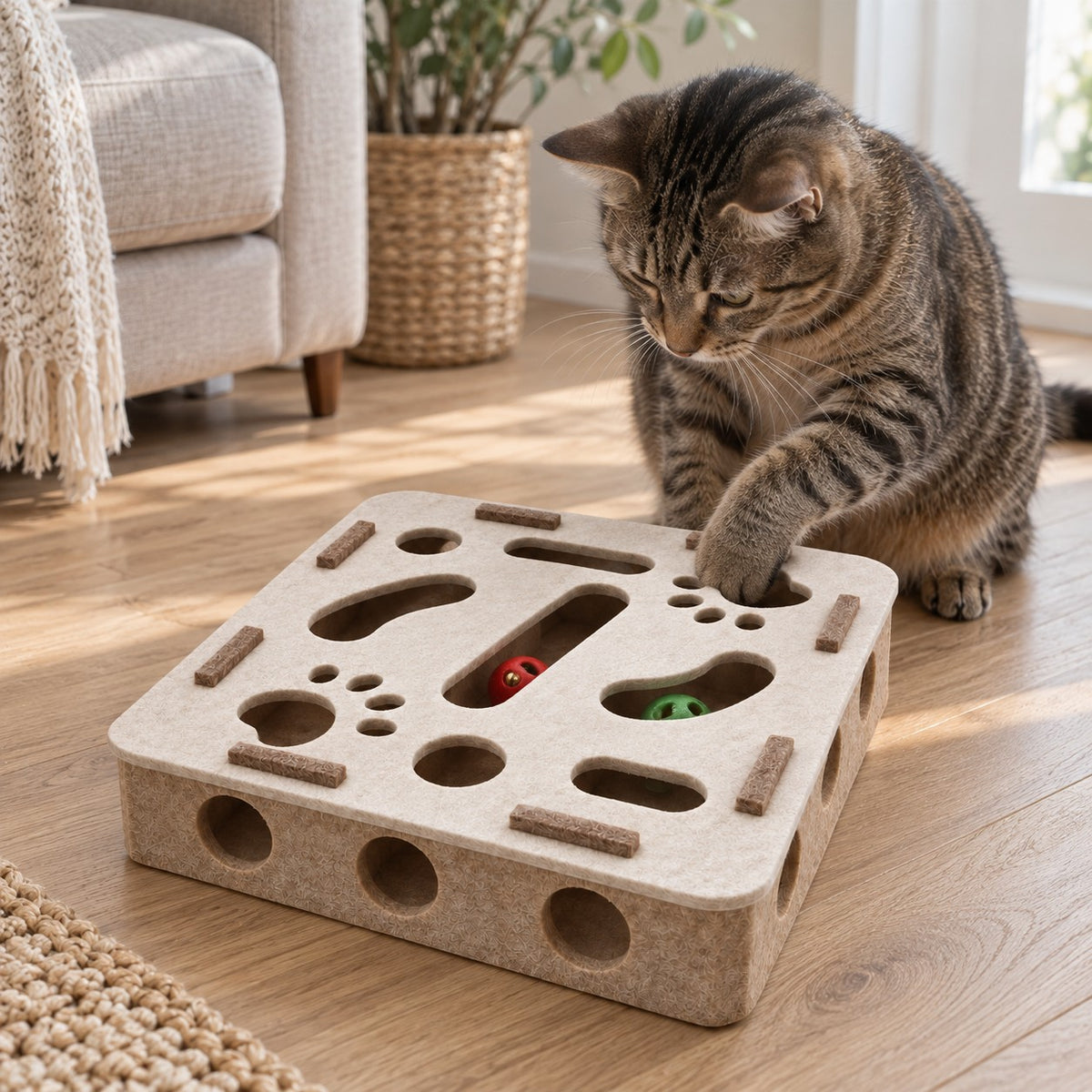 Dédale, jouet puzzle en feutre blanc, avec un chat qui glisse la patte dans une découpe