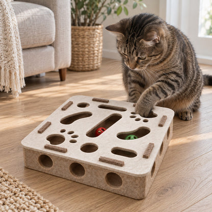 Dédale, jouet puzzle en feutre blanc, avec un chat qui glisse la patte dans une découpe