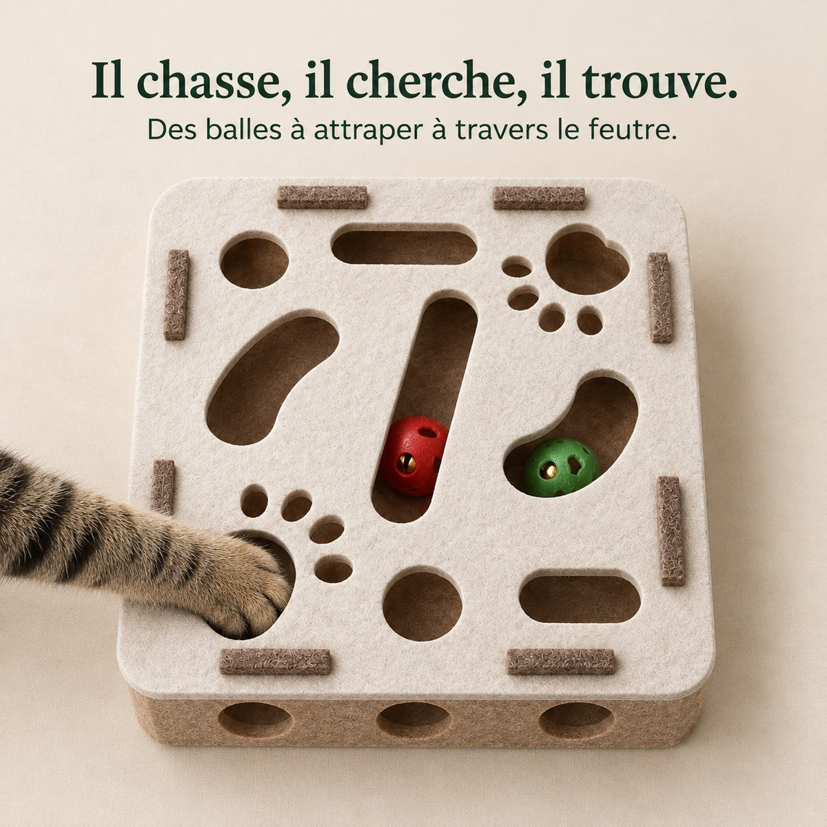 Il chasse, il cherche, il trouve : une patte attrape une balle à travers le feutre