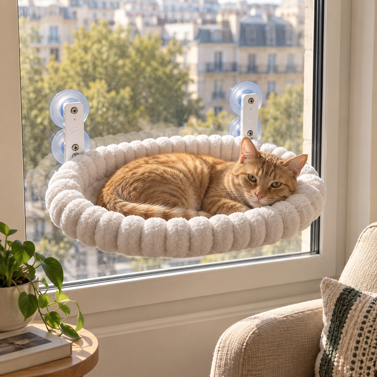 Un chat se repose sur Belvédère devant une fenêtre fermée.