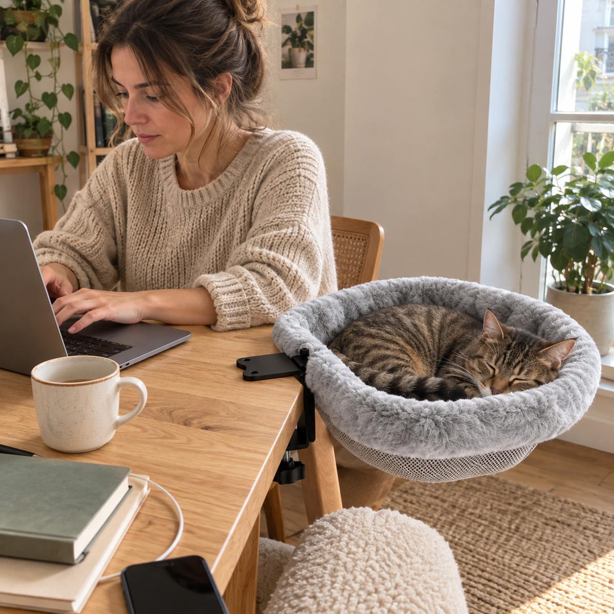 Scène façon UGC : une personne travaille et son chat repose dans Complice à côté du bureau.