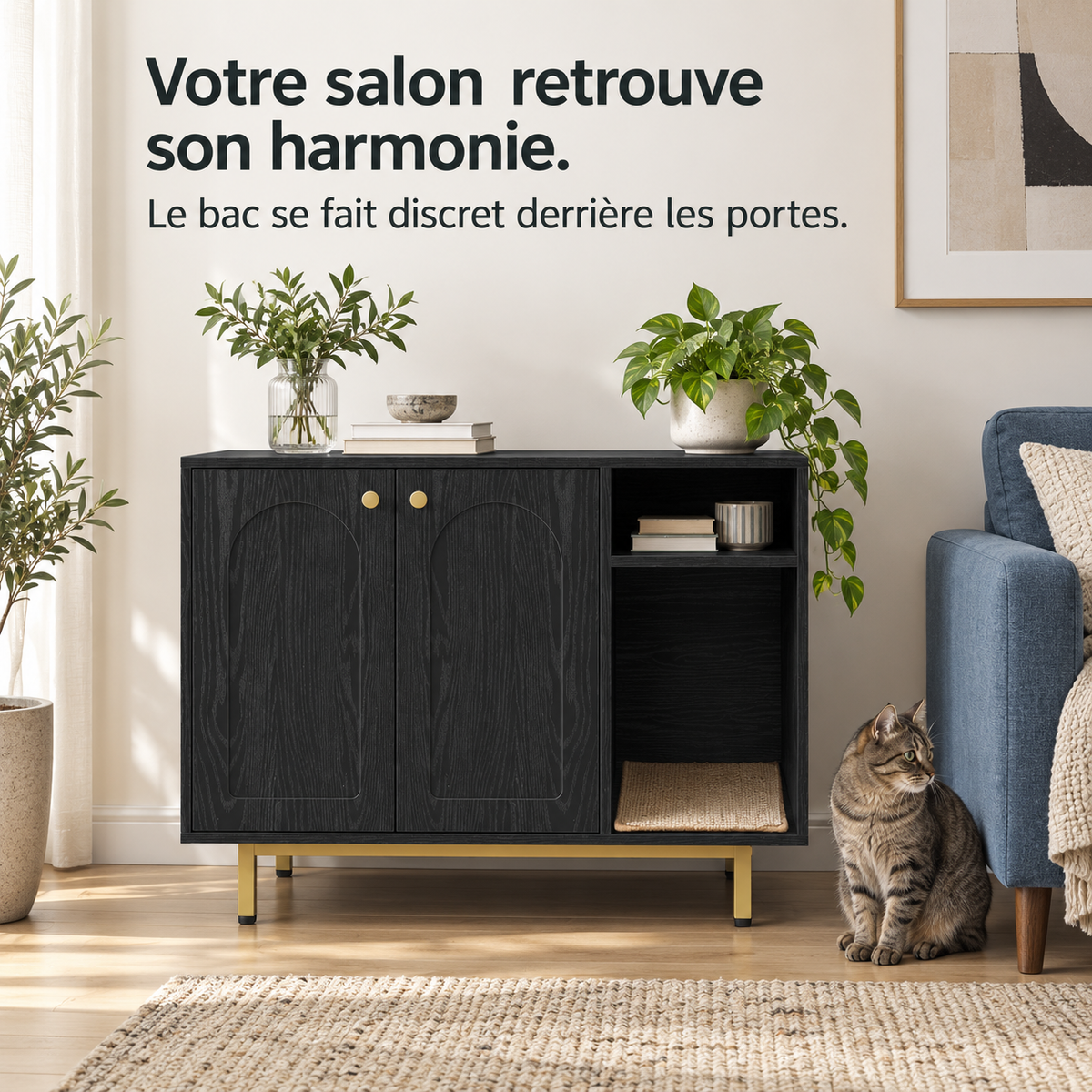 Alcôve : Meuble cache-litière. Présentation en situation