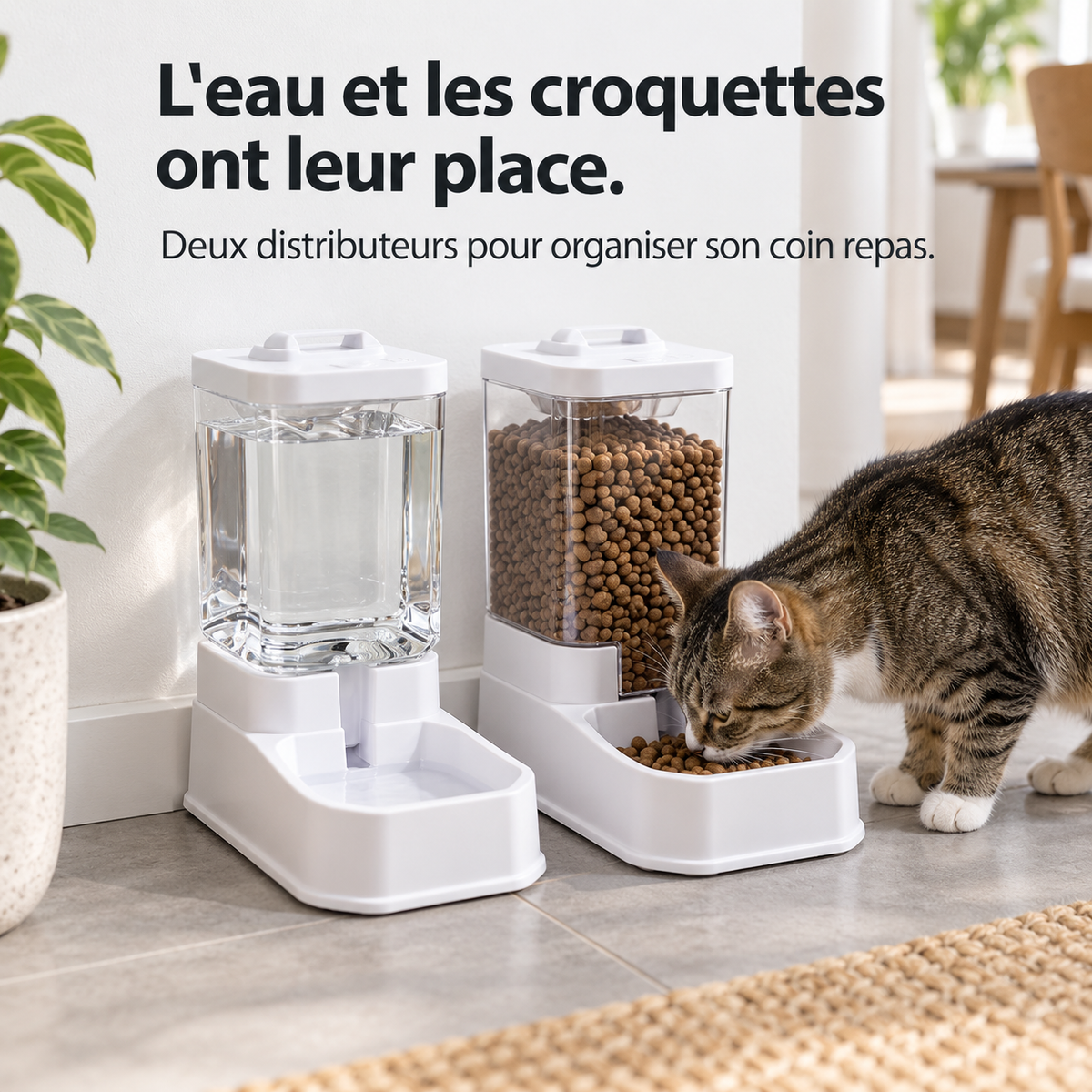 Rituel : Distributeurs d’eau et de croquettes. Présentation en situation