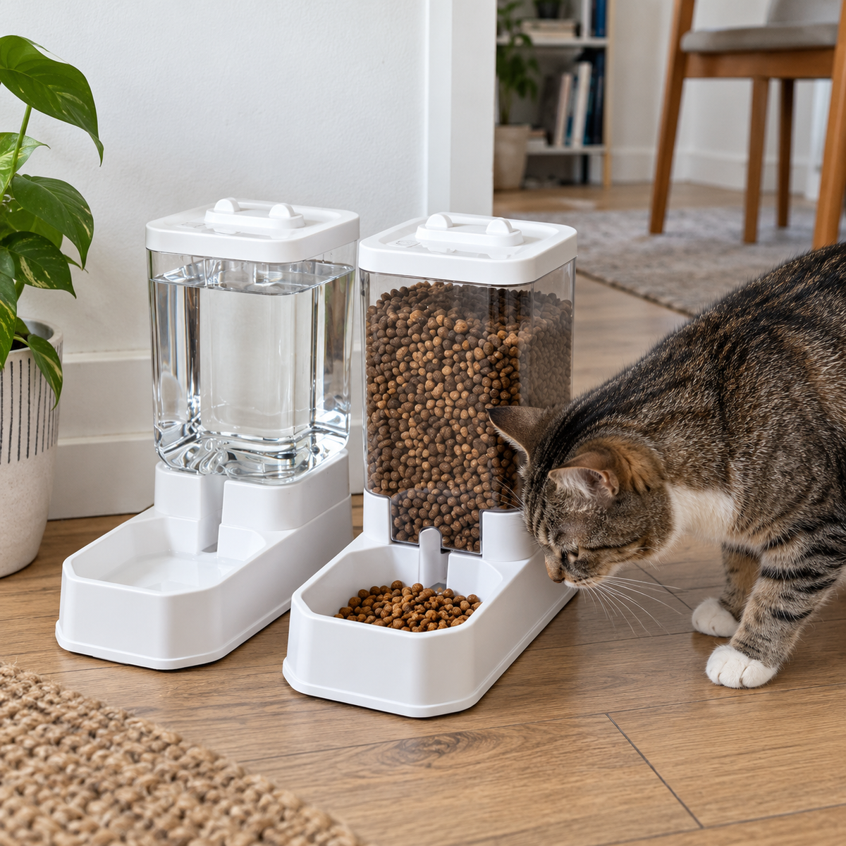 Rituel : Distributeurs d’eau et de croquettes. Scène du quotidien