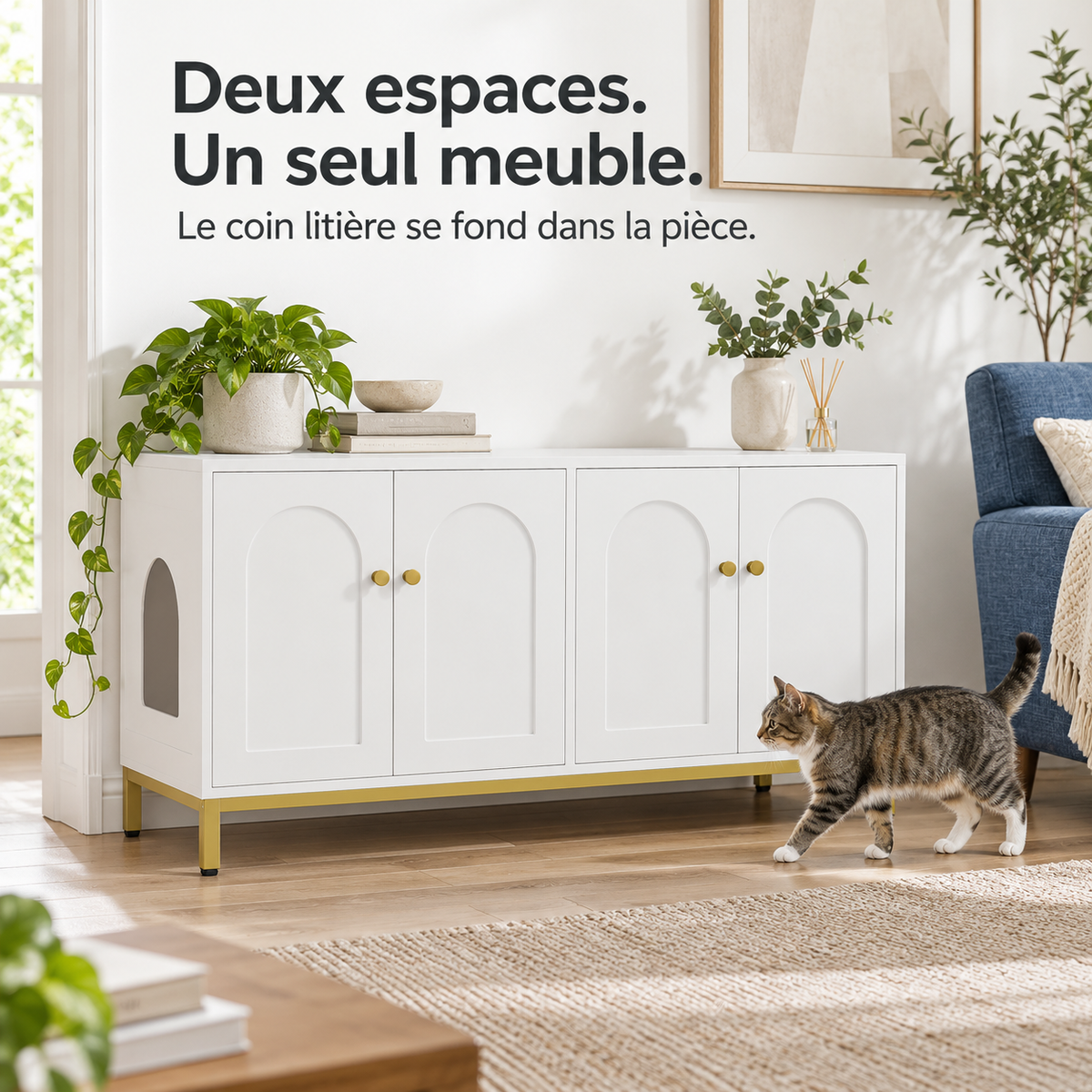 Alcôve Duo : Meuble cache-litière double. Présentation en situation