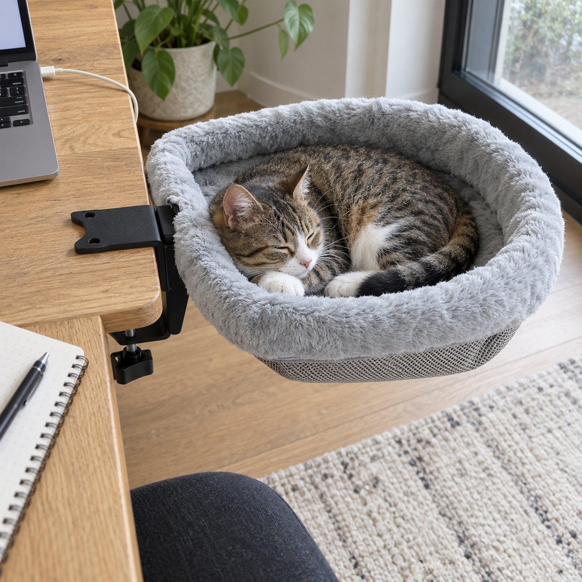 Complice : Lit de bureau pliable pour chat. Scène du quotidien