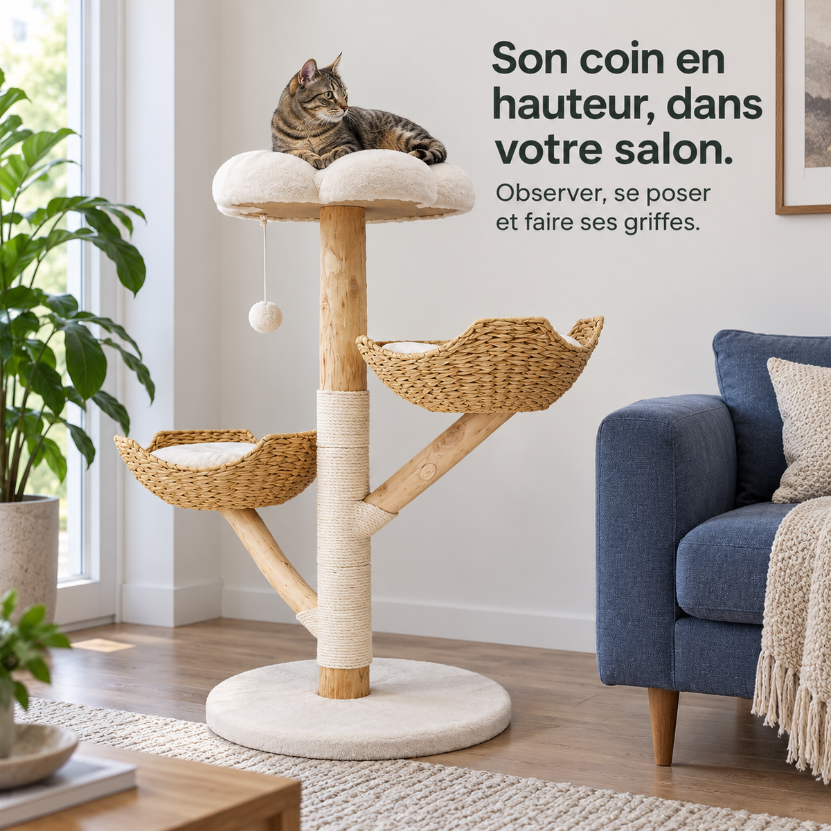 Canopée : Arbre à chat avec paniers et plateforme fleur. Présentation en situation