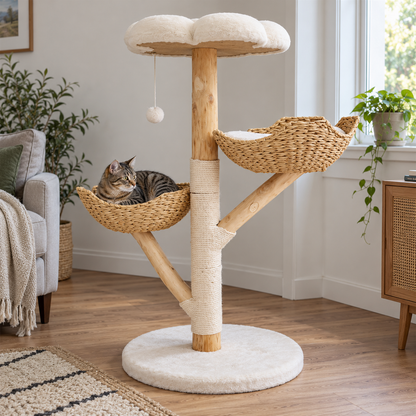 Canopée : Arbre à chat avec paniers et plateforme fleur. Scène du quotidien