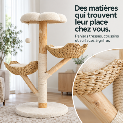 Canopée : Arbre à chat avec paniers et plateforme fleur. Détail du produit