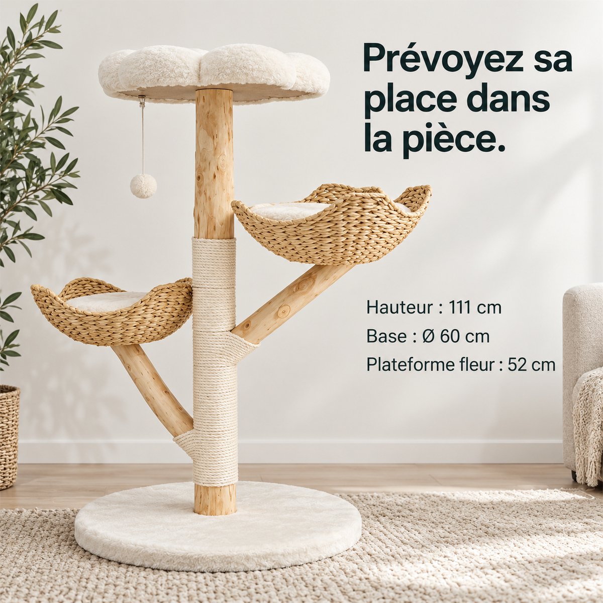 Canopée : Arbre à chat avec paniers et plateforme fleur. Dimensions du produit
