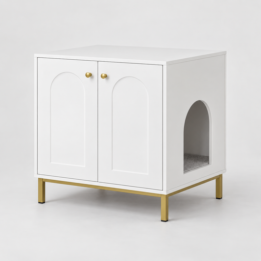 Atelier : Meuble cache-litière blanc. Vue d’ensemble