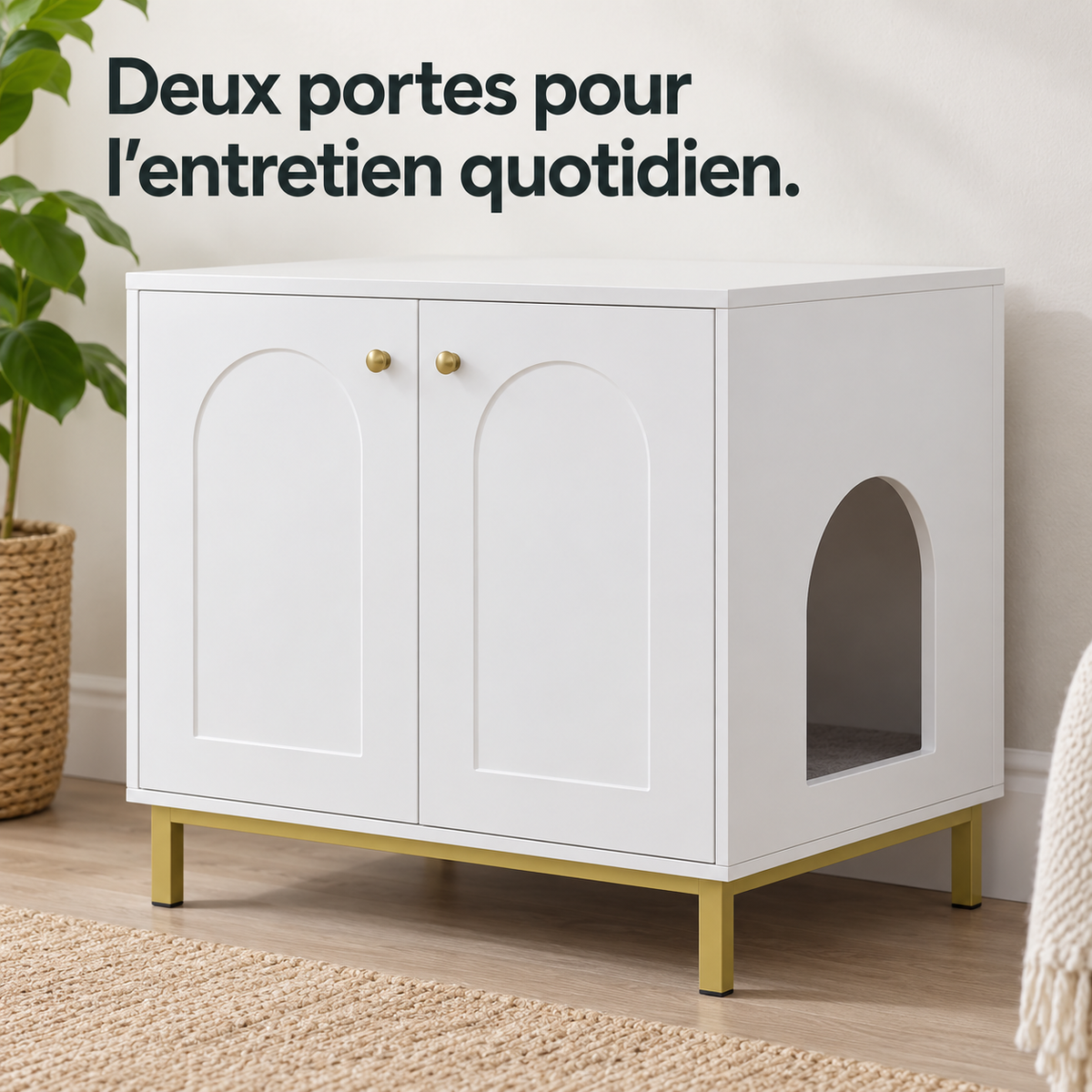 Atelier : Meuble cache-litière blanc. Détail du produit