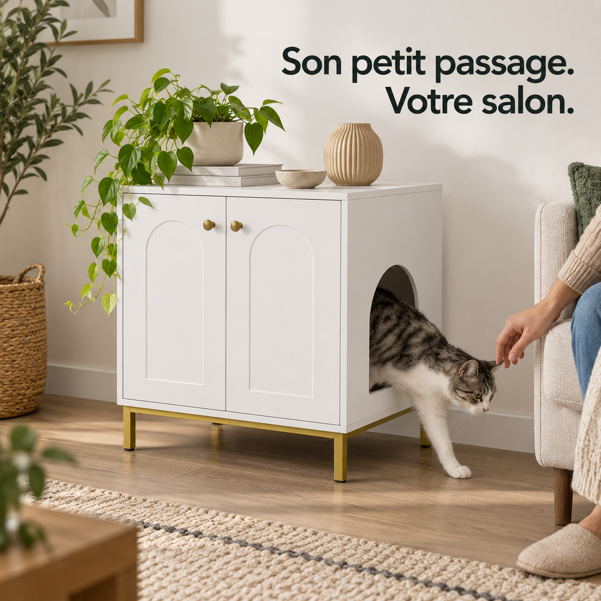 Atelier : Meuble cache-litière blanc. Exemple d’installation