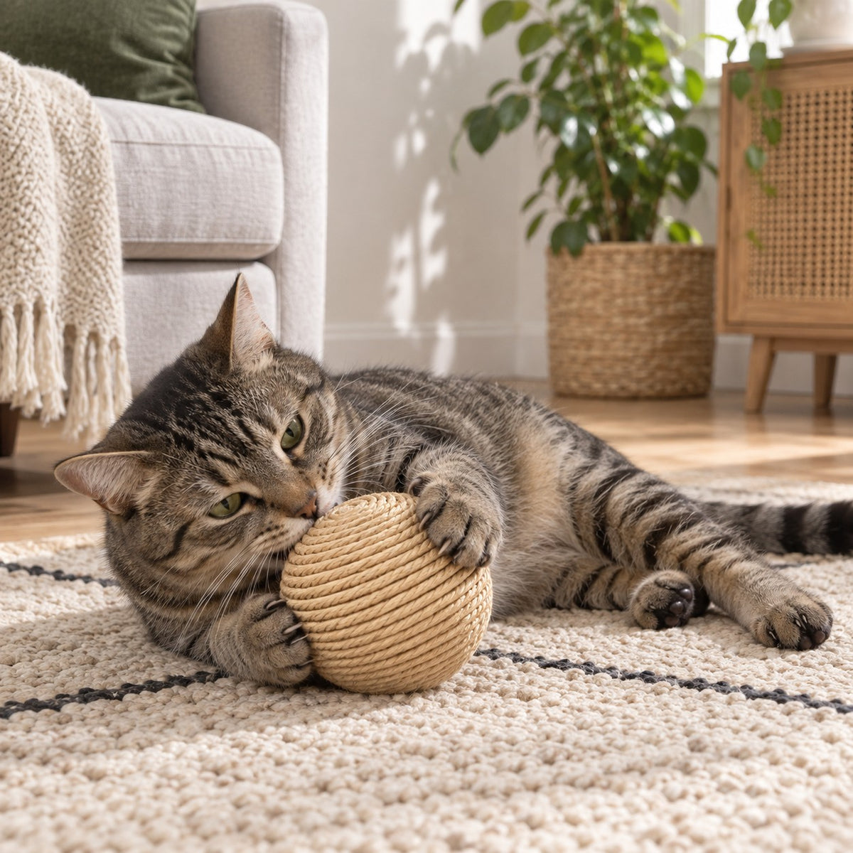 Pelote, balle en sisal, entre les pattes d’un chat couché sur un tapis